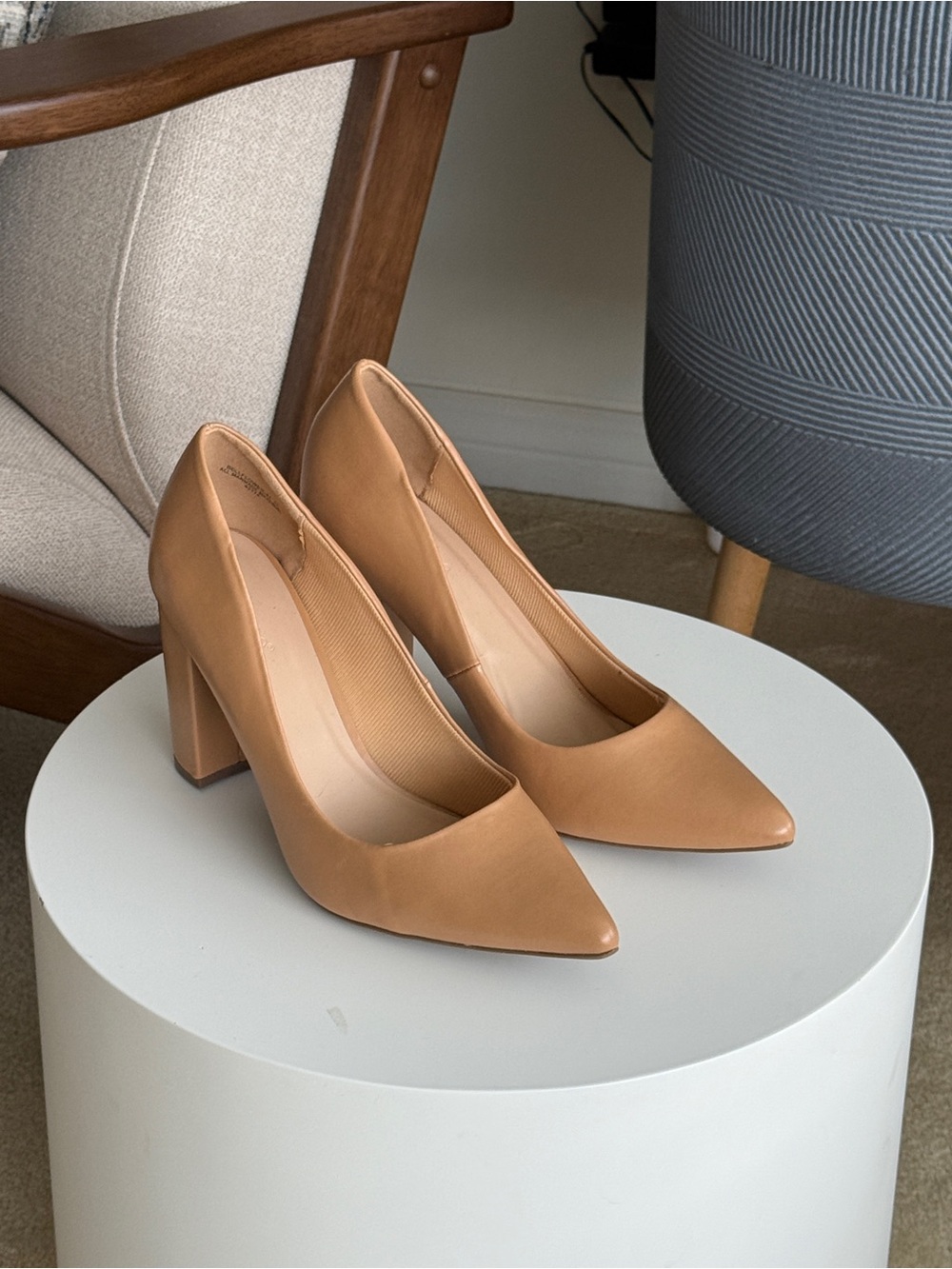 BAMBOO Tan Pointed-Toe Block Heel Pumps